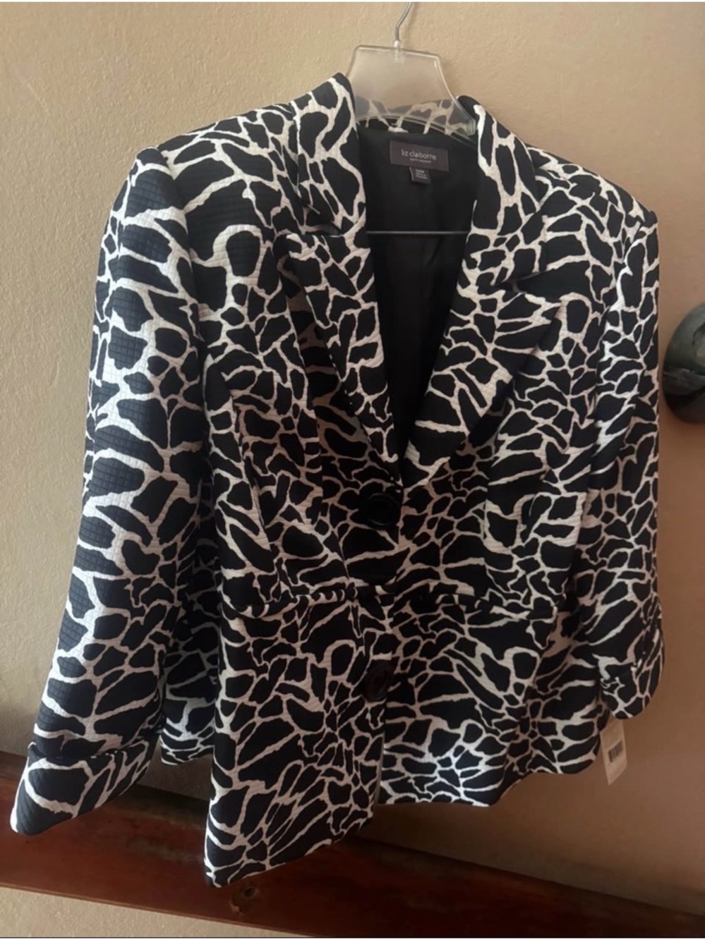 Liz Claiborne Black and White Abstract Print Blazer and black skirt